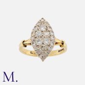 A Vintage Diamond Navette Ring in 18k yellow gold, the navette shaped face set with round cut
