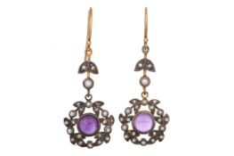 AMETHYST, PEARL AND DIAMOND EARRINGS,