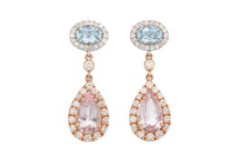 PAIR OF AQUAMARINE, MORGANITE AND DIAMOND EARRINGS,