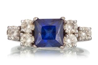 SYNTHETIC SAPPHIRE AND DIAMOND RING,