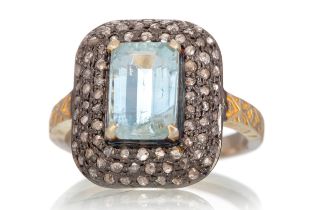 AQUAMARINE AND DIAMOND RING,