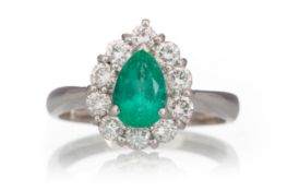 EMERALD AND DIAMOND CLUSTER RING,