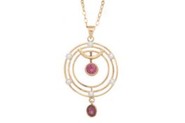 RHODOLITE GARNET AND PEARL PENDANT,