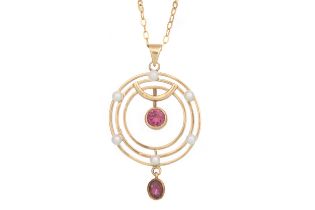 RHODOLITE GARNET AND PEARL PENDANT,