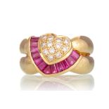 RUBY AND DIAMOND HEART SHAPED RING,