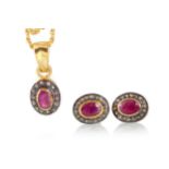 RUBY AND DIAMOND PENDANT AND EARRING SET,