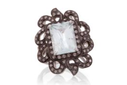 AQUAMARINE AND DIAMOND RING,