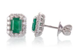 PAIR OF EMERALD AND DIAMOND STUD EARRINGS,
