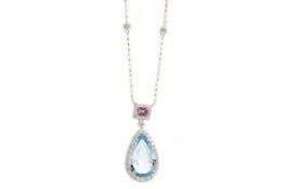 AQUAMARINE, PINK SAPPHIRE AND DIAMOND PENDANT,