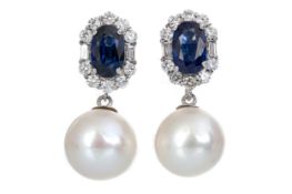 PAIR OF SAPPHIRE, DIAMOND AND PEARL EARRINGS,