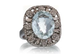 AQUAMARINE AND DIAMOND RING,