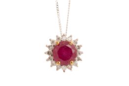 RUBY AND DIAMOND CLUSTER PENDANT,