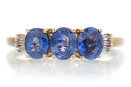 SAPPHIRE AND DIAMOND THREE STONE RING,