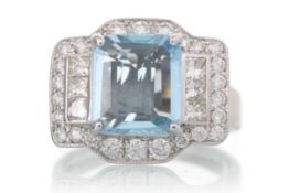 AQUAMARINE AND DIAMOND RING,