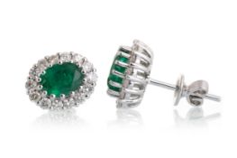 PAIR OF EMERALD AND DIAMOND CLUSTER EARRINGS,