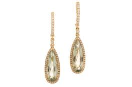 PAIR OF PRASIOLITE AND DIAMOND EARRINGS,