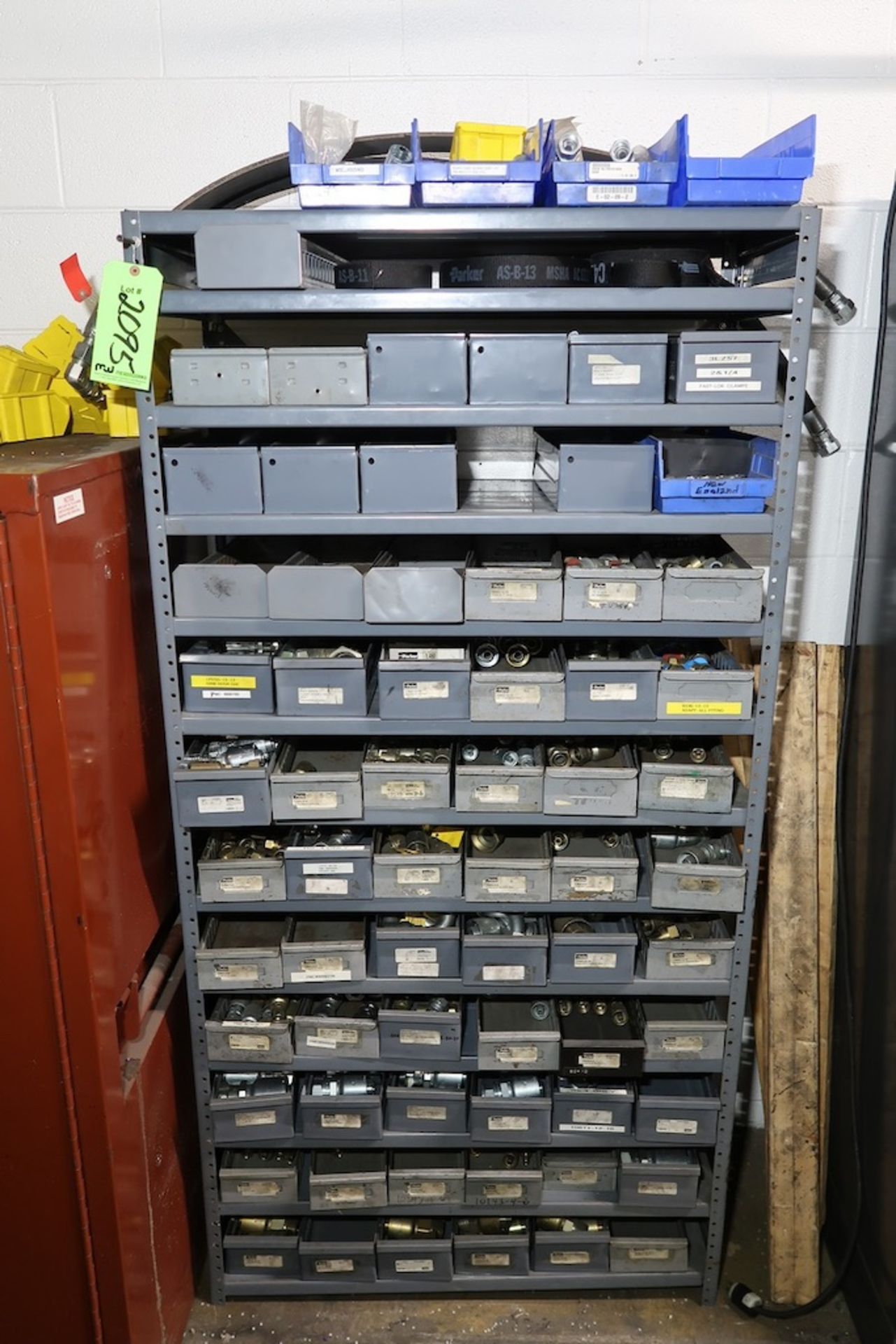 (1) Shelving Unit and (2) 2-Door Cabinets with Assorted Hydraulic Fittings