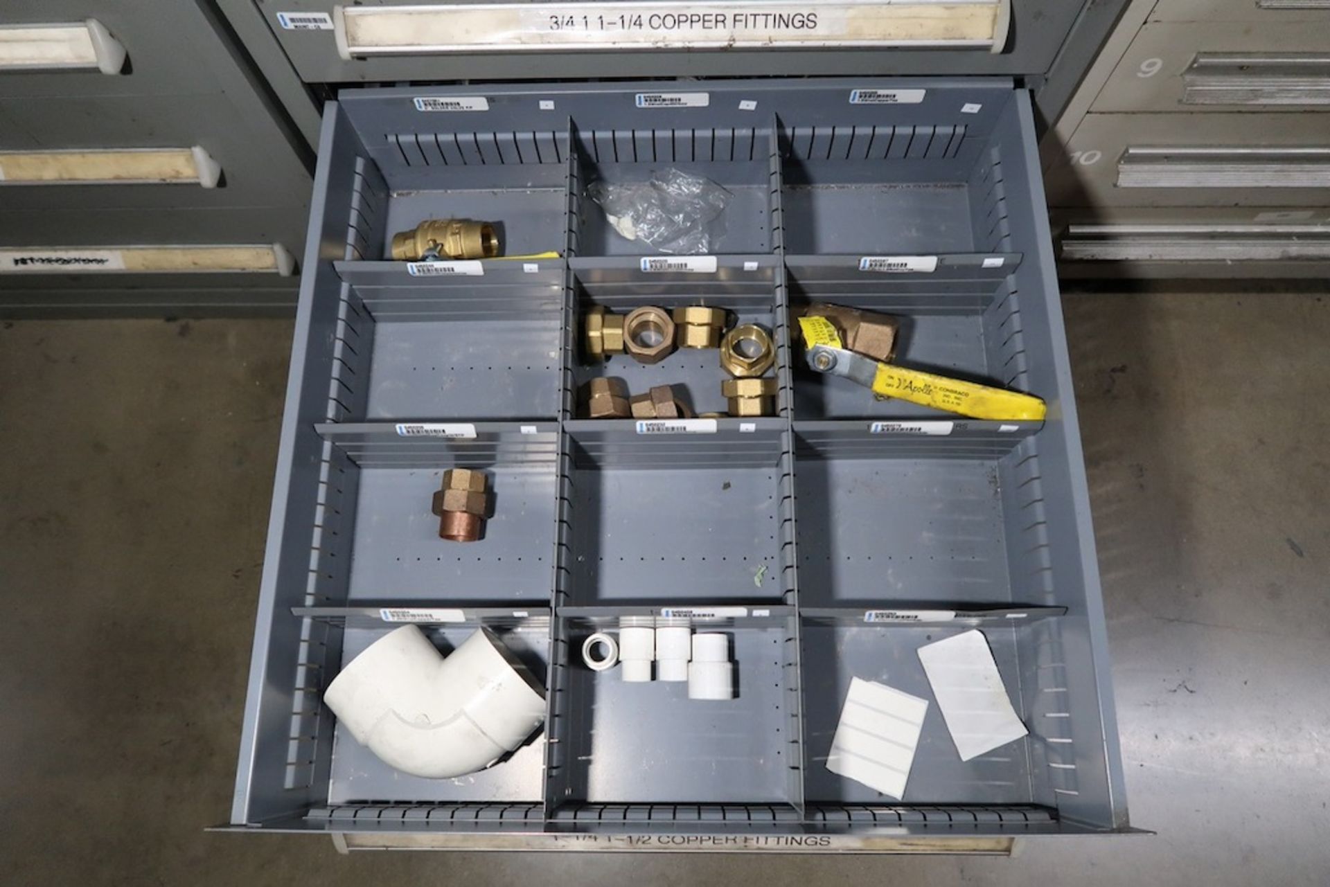 Stanley Vidmar 8-Drawer Heavy Duty Storage Cabinet with Assorted PVC Fittings, Copper Fittings and B - Image 8 of 9