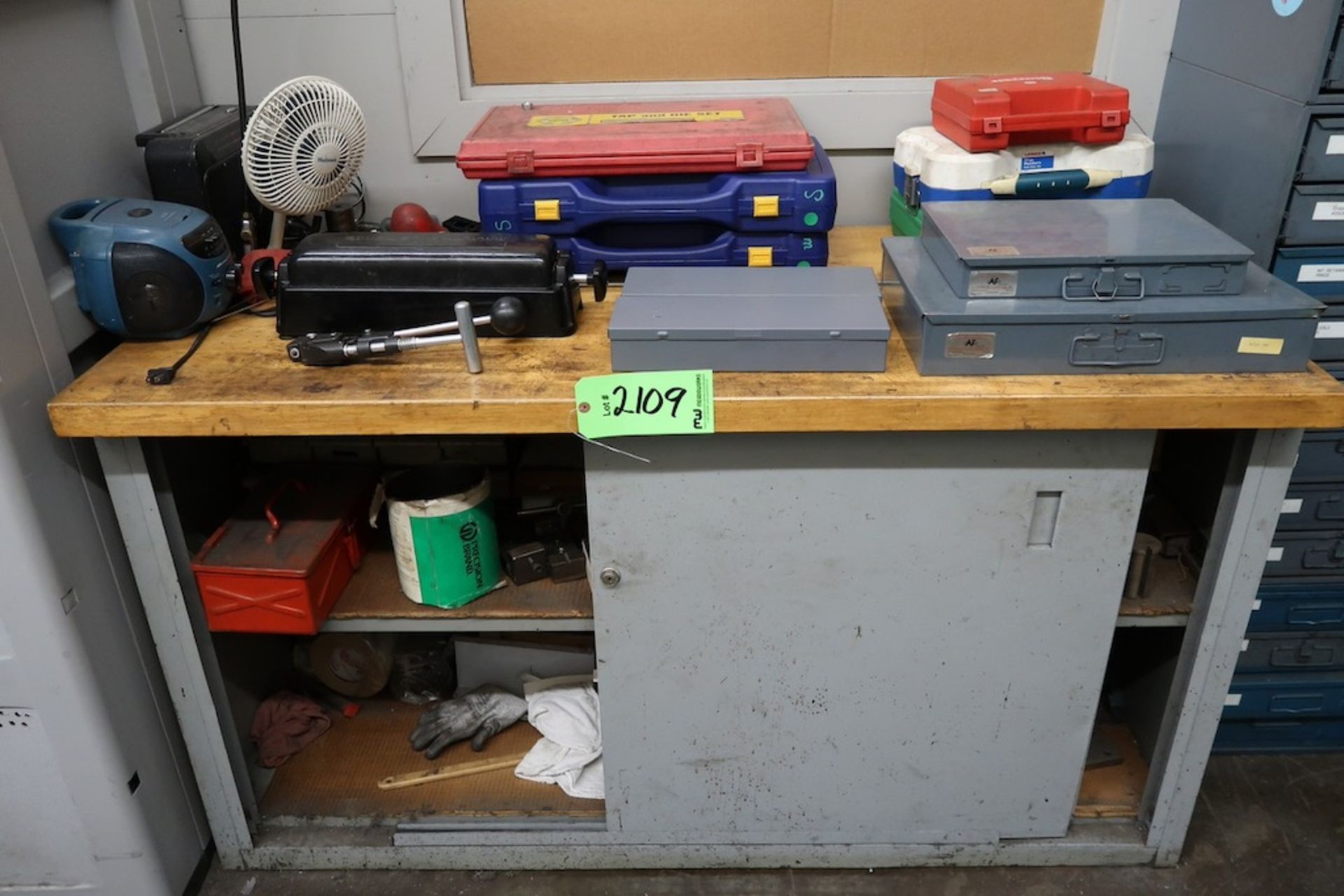 Sliding Door Cabinet/ Woodtop Workbench with Tap and Die Sets, Etc.