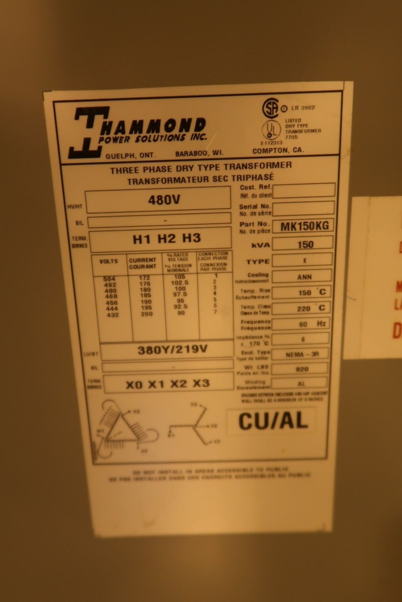 (3) Hammond Transformers with Square D Busway - Image 2 of 3