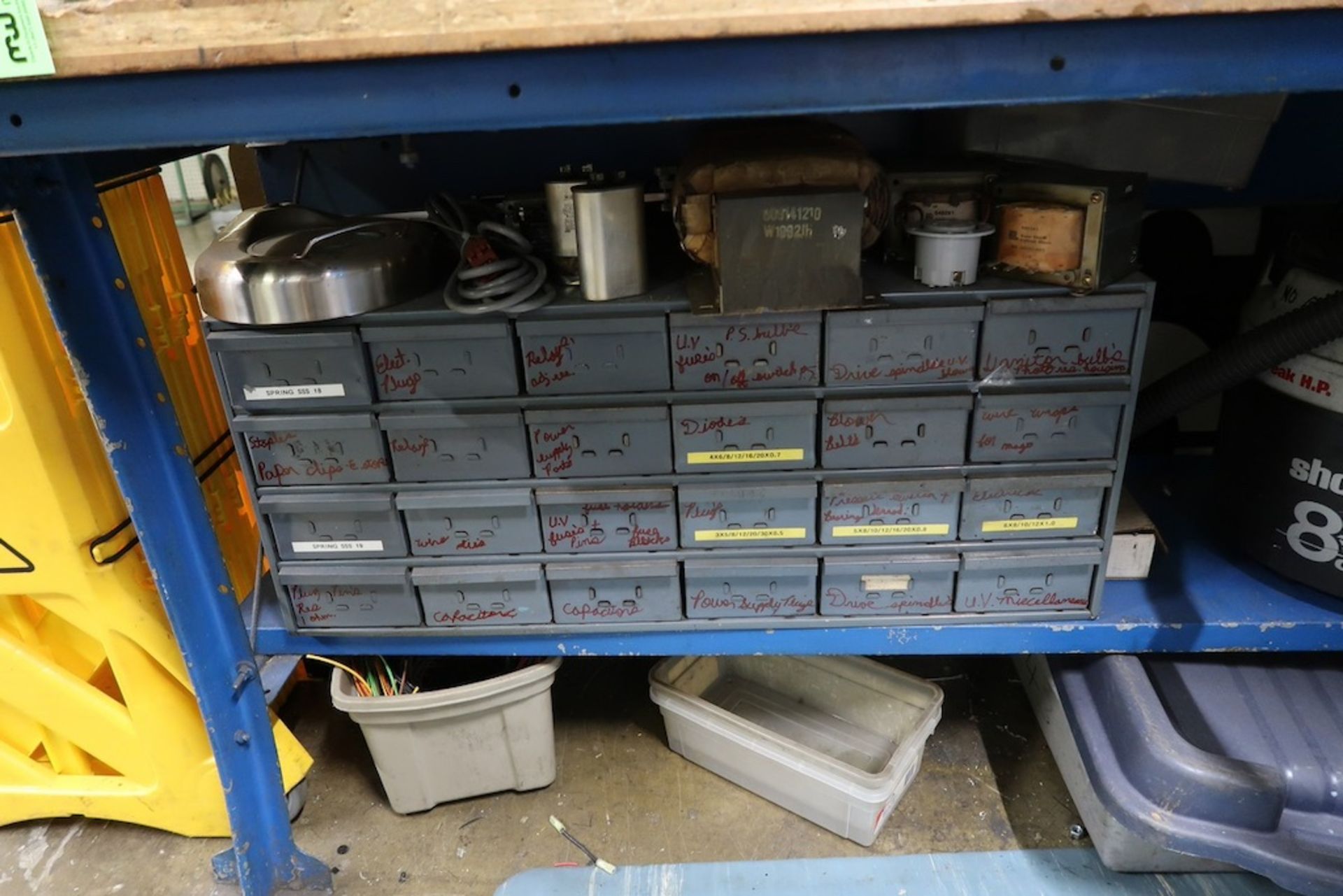 Workbench, Table, 2-Door Cabinets, Parts Organizers and Carts with Misc. Contents - Image 2 of 11
