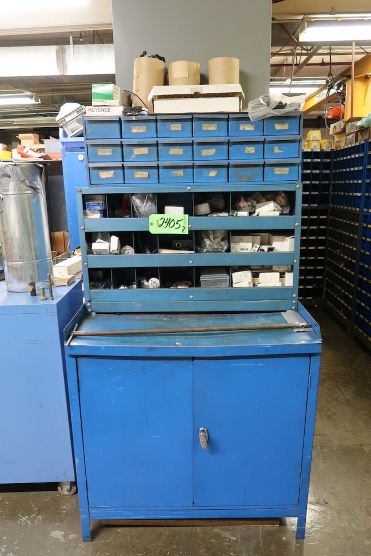 Workbench, Table, 2-Door Cabinets, Parts Organizers and Carts with Misc. Contents - Image 10 of 11