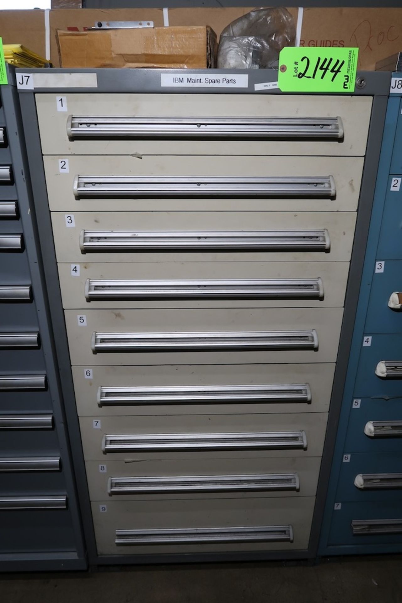 Vidmar 9-Drawer Heavy Duty Storage Cabinet with Misc. IBM Spare Parts, Fittings, IDEC Relays, Etc.