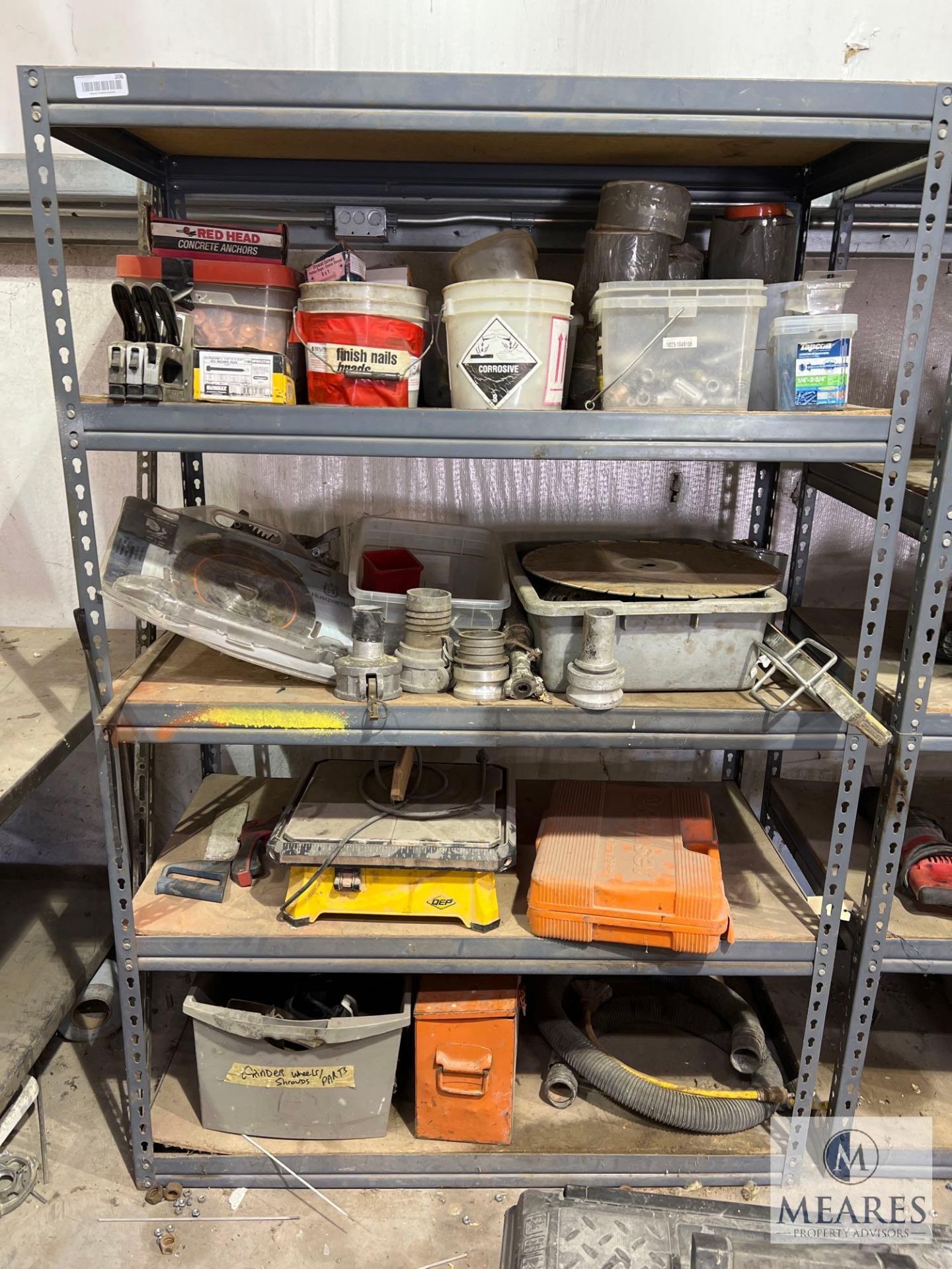 Shelf and Contents - Fasteners, Blades, Tile Saw