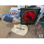 Wild Turkey Lighted Sign, Jose Cuervo Bag and Miller Lite Cardboard Sign