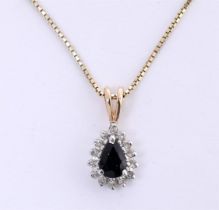 14 kt bicolor gold entourage pendant and Venetian chain set with sapphire and diamonds