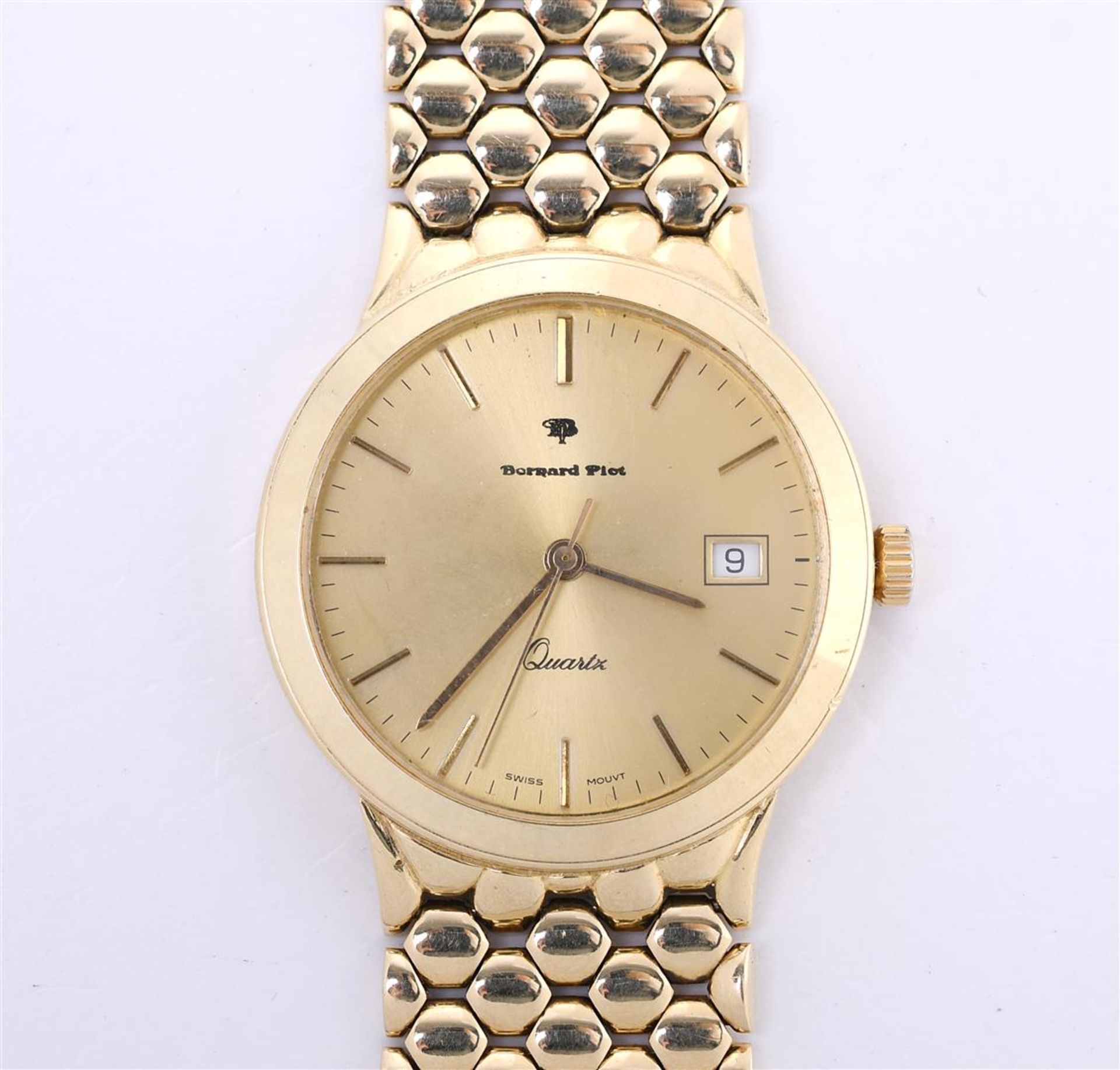 14 kt yellow gold Bernard Piot men's wristwatch with a round case and a gold-colored dial 