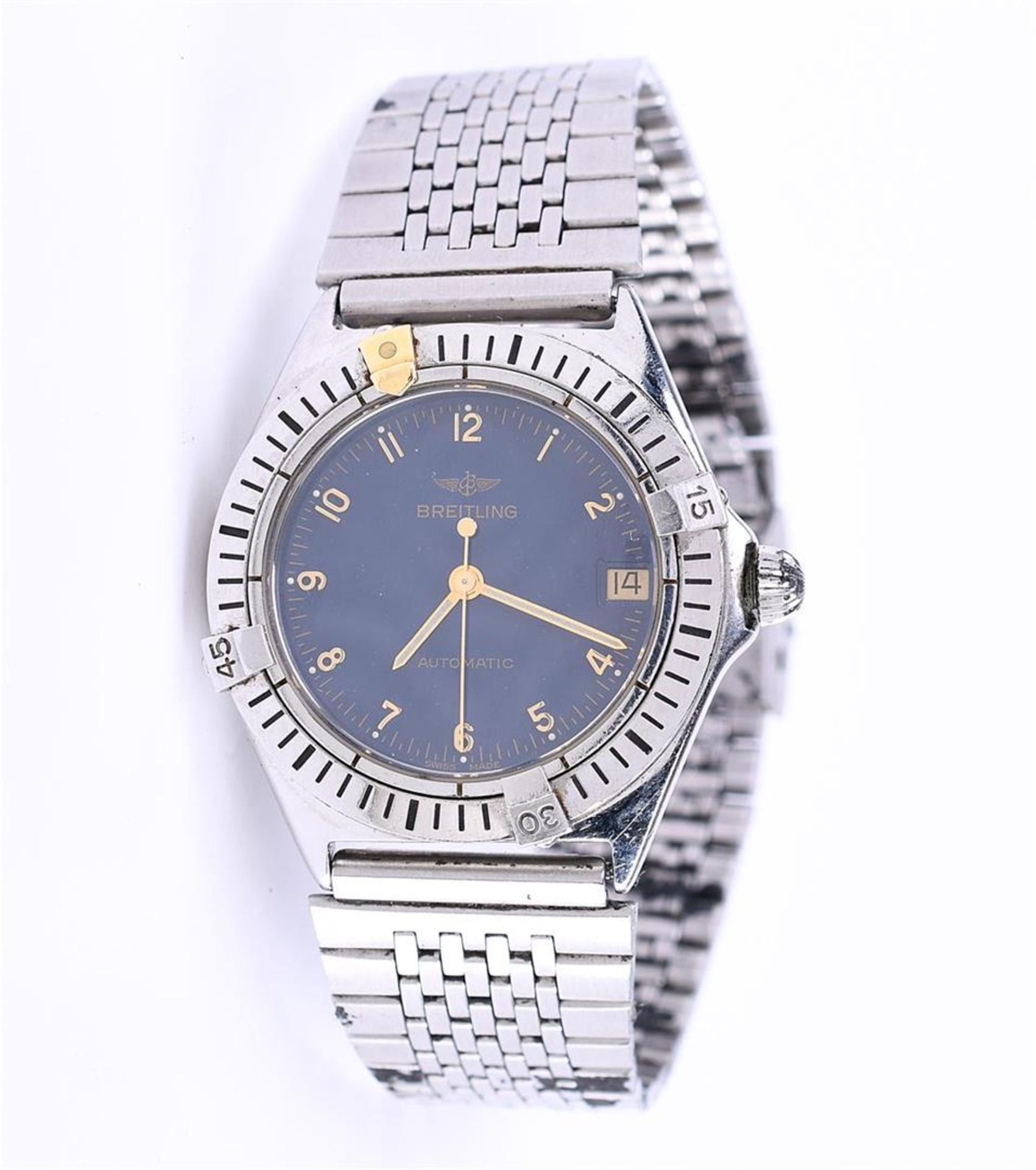 Breitling Callistino. The blue dial has Arabic numerals and date indication