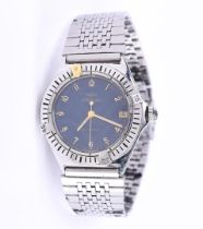 Breitling Callistino. The blue dial has Arabic numerals and date indication