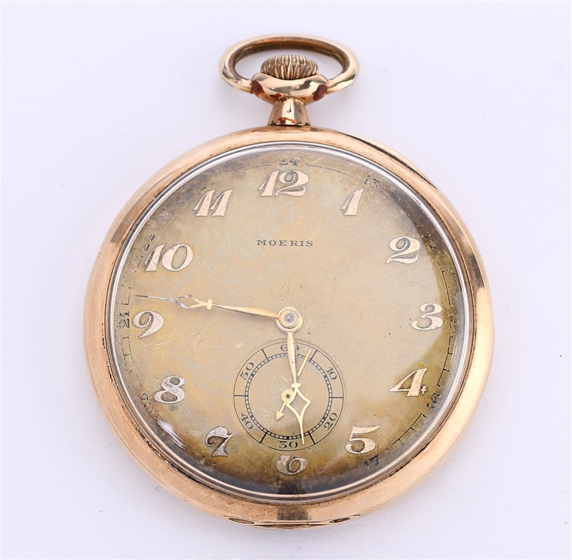 14 kt yellow gold pocket watch with Arabic numerals and second hand. ca. 1925