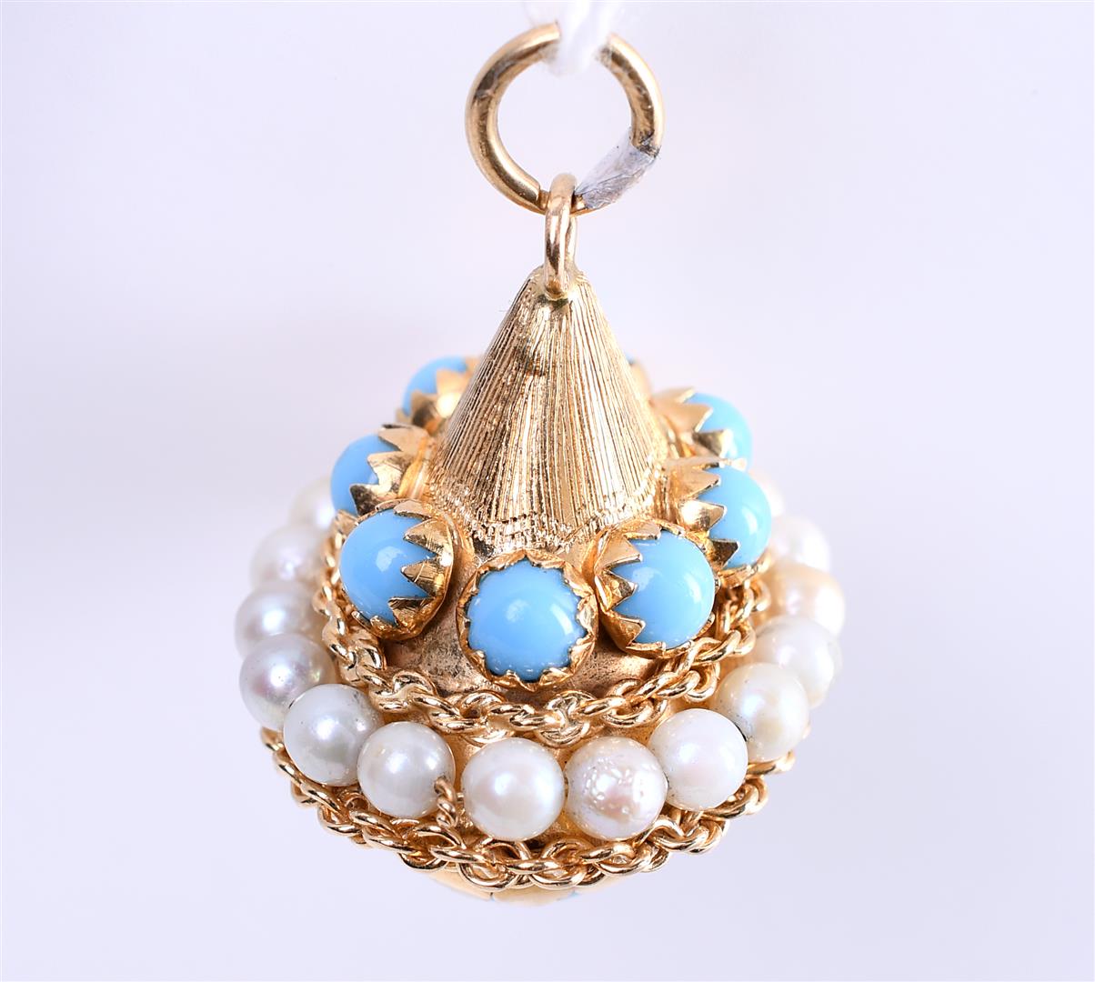 18 kt yellow gold pendant set with 18 freshwater pearls and turquoise - Image 3 of 5