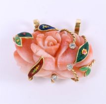 18 kt yellow gold pendant set with enamel, coral and zircon