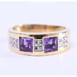 14kt yellow gold ring set with 2 princess cut amethyst gemstones of 0.50ct each
