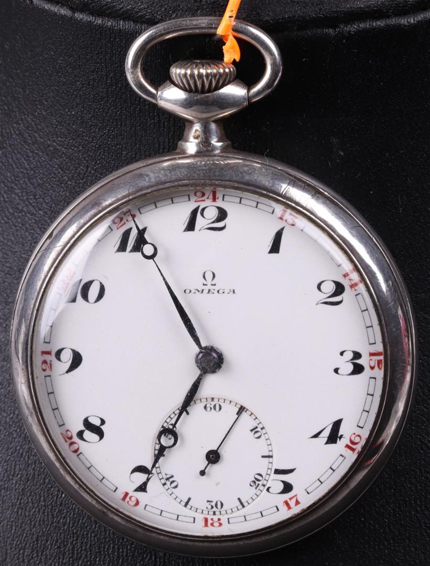 A silver (800/1000) Omega pocket watch with seconds indication. serial number 7855574
