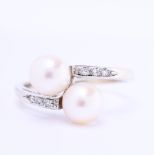 18 kt white gold (rhodium-plated) toi et moi ring set with zirconia and imitation pearls