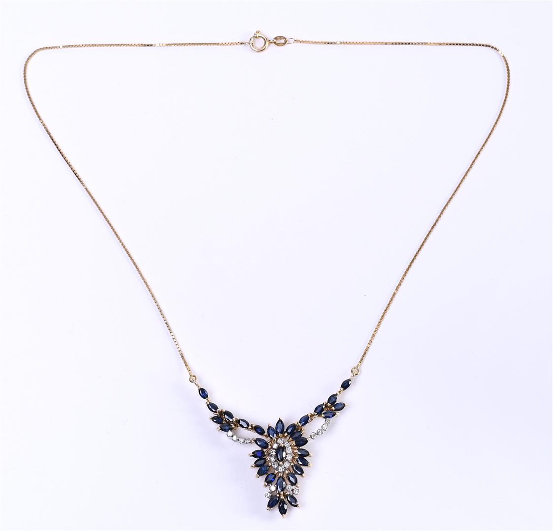 14kt yellow gold cluster necklace set with diamond and sapphire - Image 3 of 7