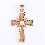 14 carat yellow gold pendant in the shape of a cross, set with a cultured pearl