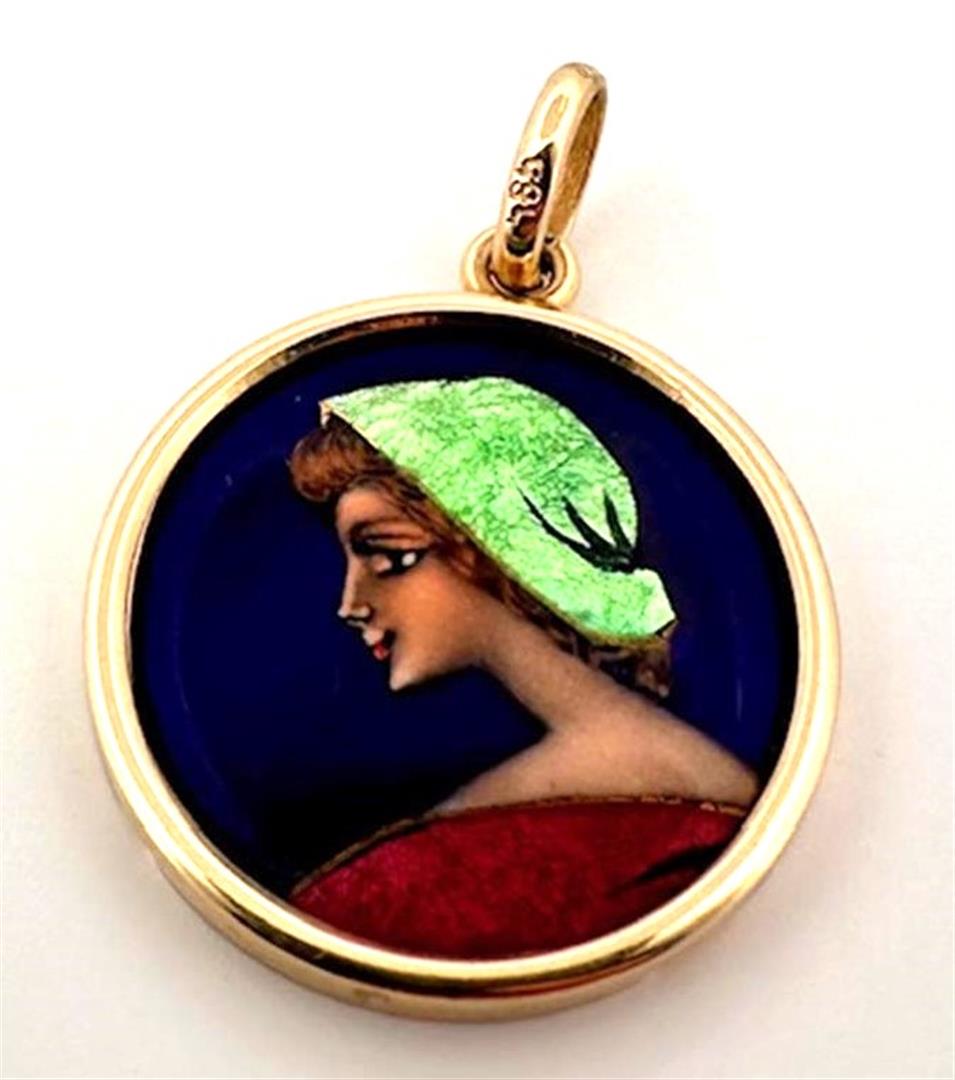 14 kt yellow gold enamel d'Art pendant with portrait of a woman farmer