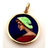 14 kt yellow gold enamel d'Art pendant with portrait of a woman farmer