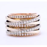 18 kt tricolor gold band ring set with diamonds. Set with 77 brilliant cut diamonds