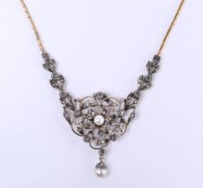 18kt bicolor antique necklace set with freshwater pearl, raw diamond and beautiful silver
