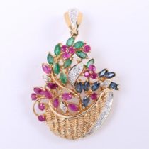 14 carat yellow gold ladies brooch and pendant combination of a flower basket (1960s-70s)