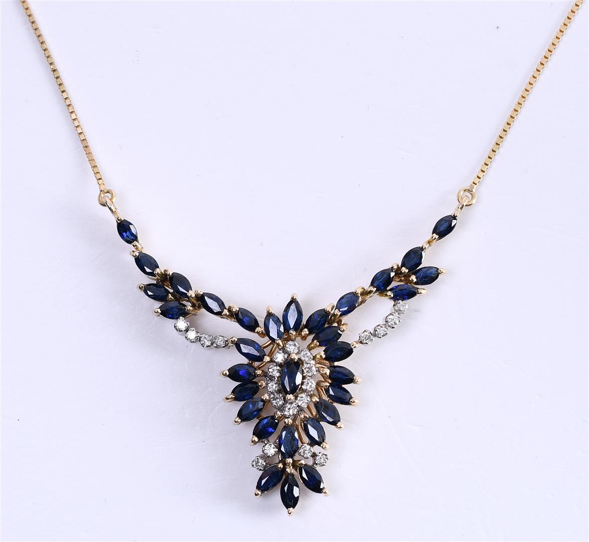 14kt yellow gold cluster necklace set with diamond and sapphire