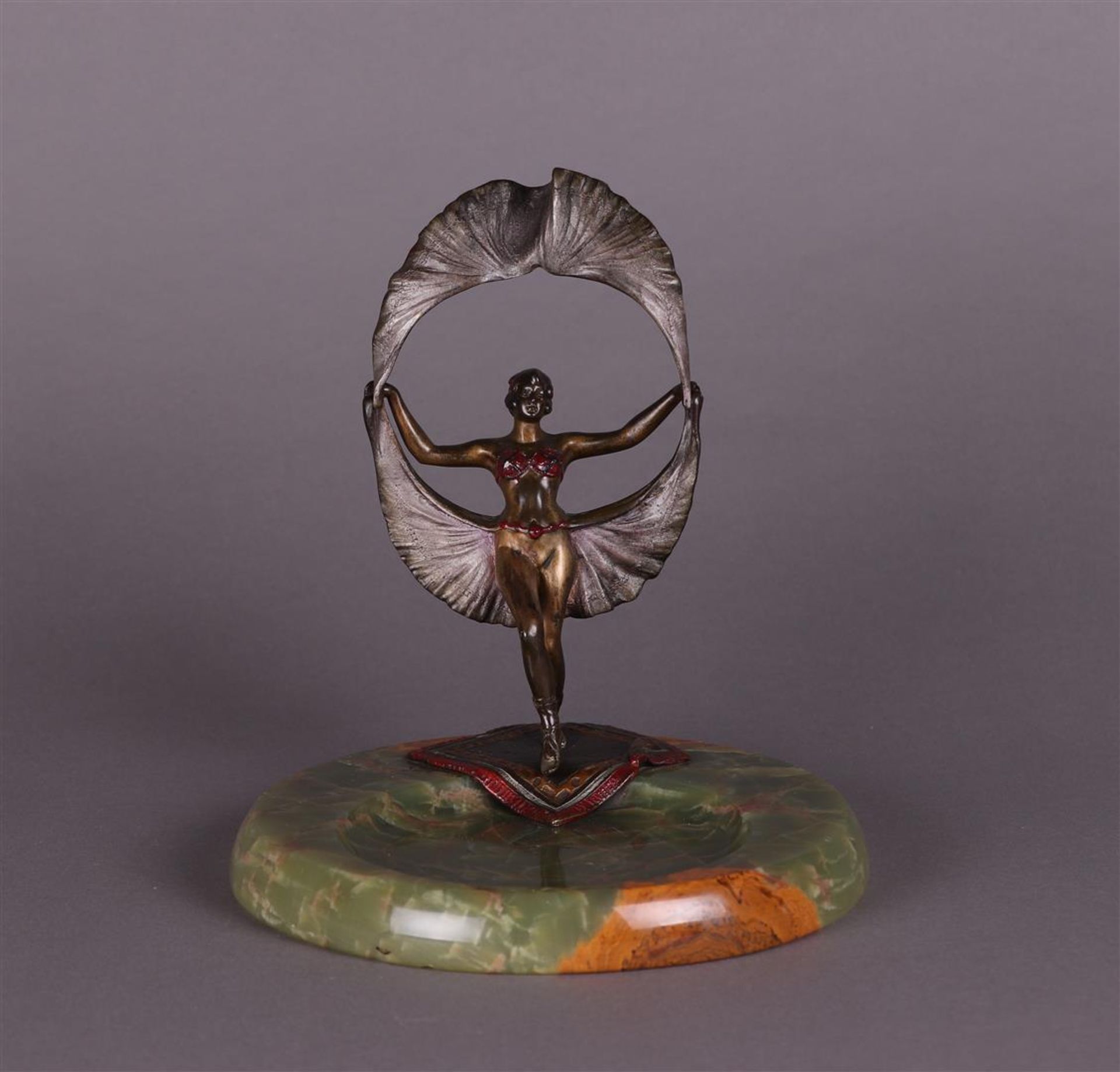 A cold-painted erotic "Viennese" bronze of a belly dancer on a marble dish (vide poche). Marked "Aus - Image 2 of 3