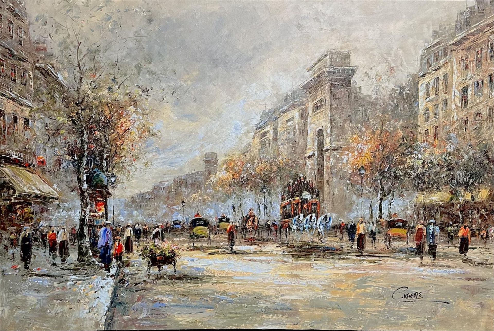 Christof Ververs (b. Belgium 1962), View of Paris with horse-drawn carriages at Porte St. Denis, sig