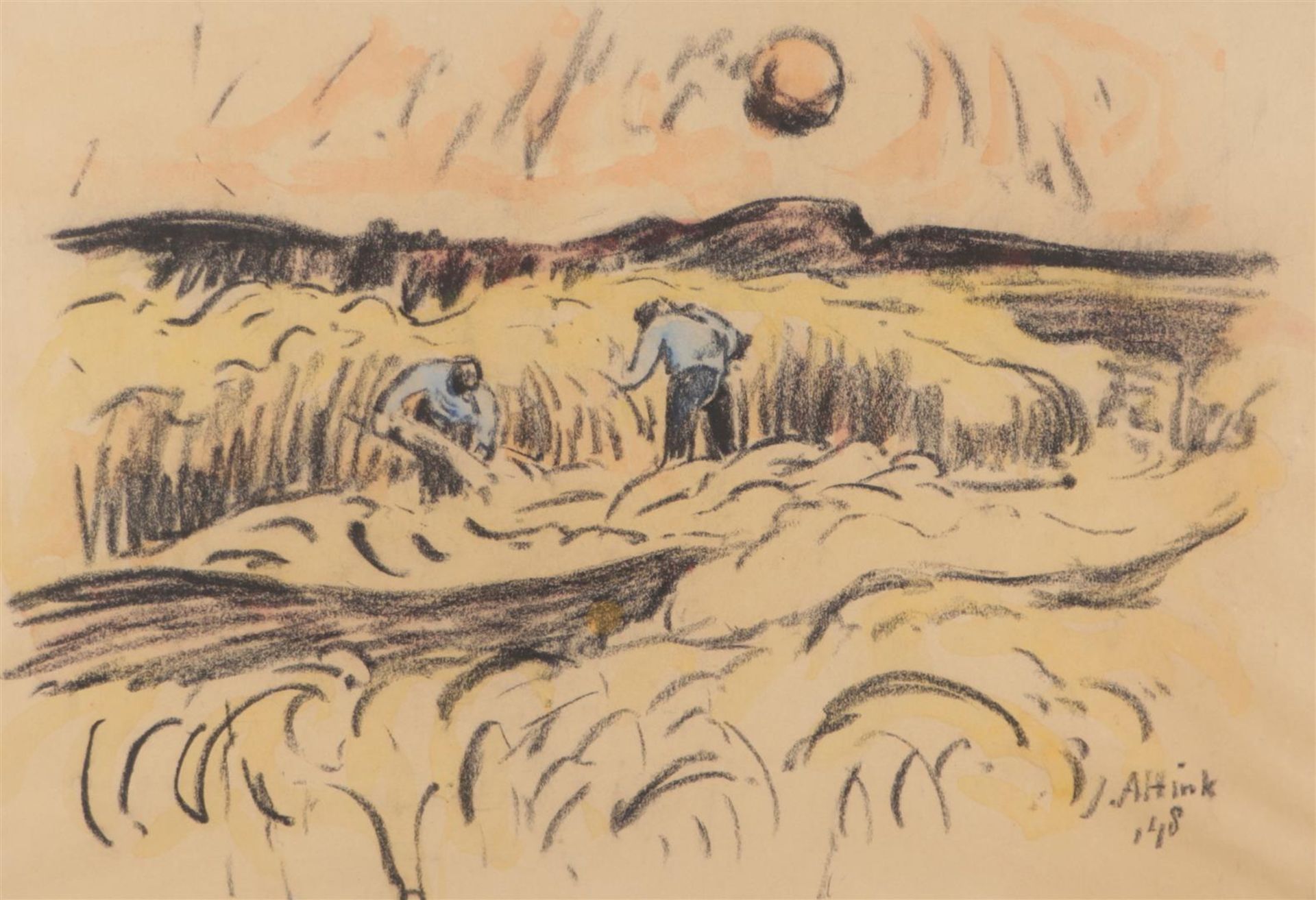 Jan Altink (Groningen 1885 - 1971), Harvest on Texel behind the dunes, colored chalk, signed, and da